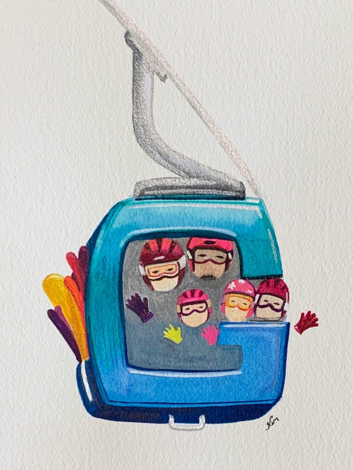 Family in a ski gondola. Illustration from Ski A to Z - copyright Kim